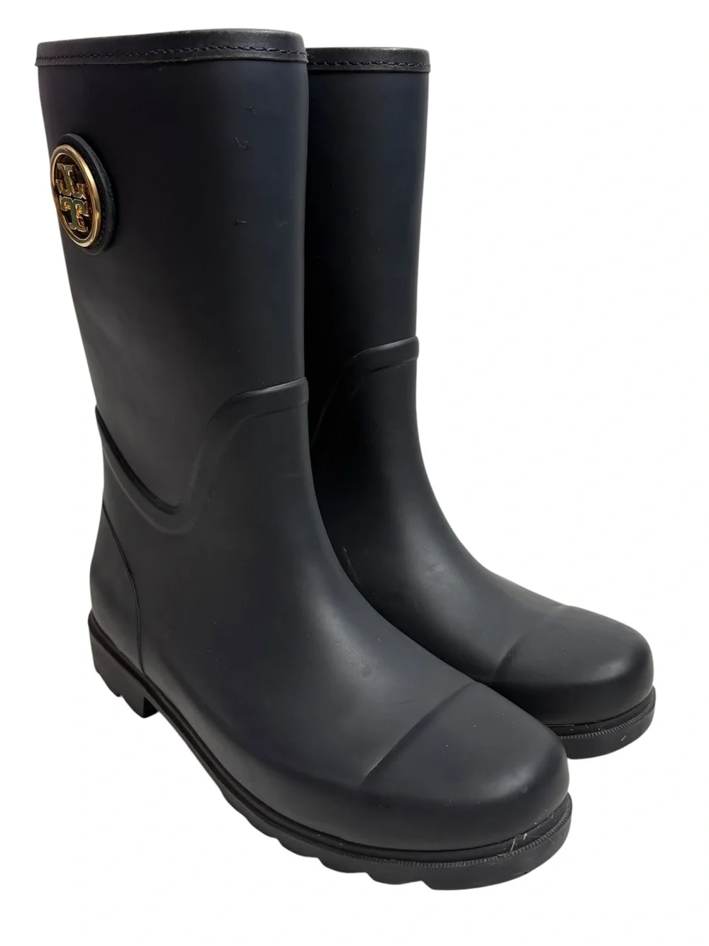Tory Burch Navy Mid-Calf Rain Boots with Gold Logo